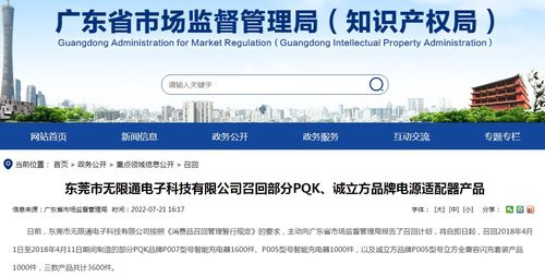 東莞市無限通電子科技召回部分PQK誠立方品牌電源適配器產品，上海網絡與信息安全軟件開發